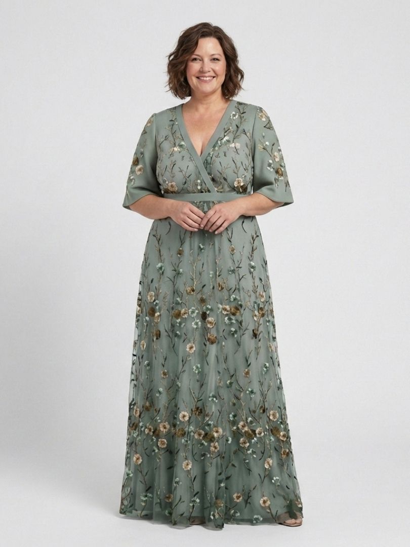 Edurne | Vestido largo de manga corta con escote en V y estampado floral