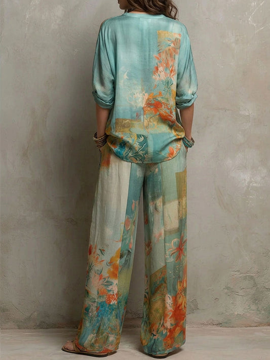 Clara | Elegante conjunto estampado floral con pantalón de pierna ancha