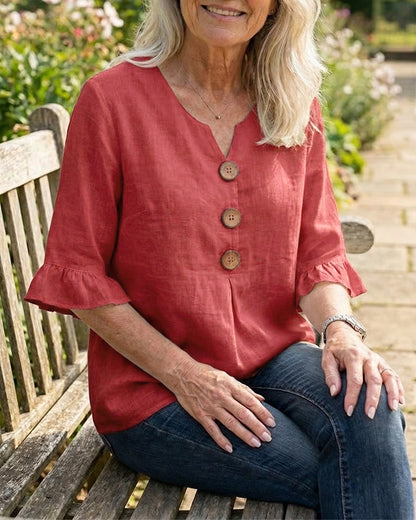Sophia - Blusa de algodón y lino liso con botones de madera y volantes.