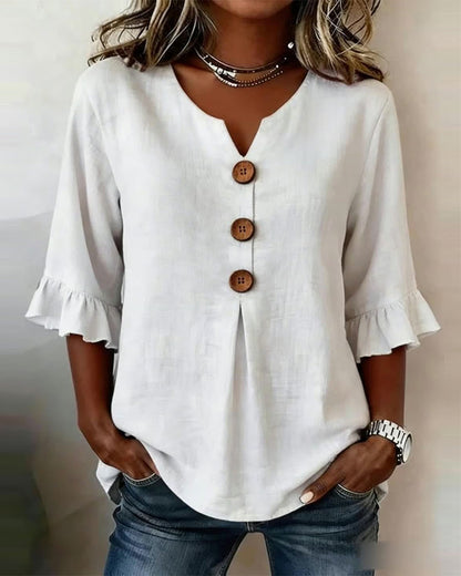 Sophia - Blusa de algodón y lino liso con botones de madera y volantes.