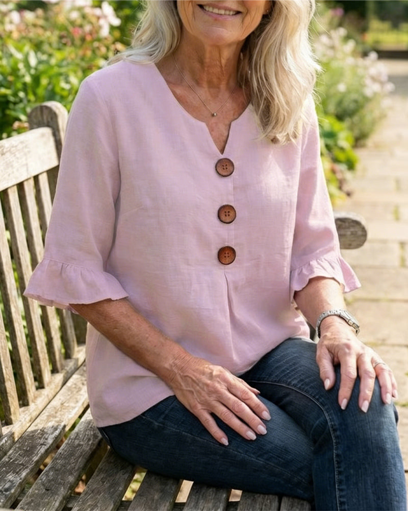 Sophia - Blusa de algodón y lino liso con botones de madera y volantes.