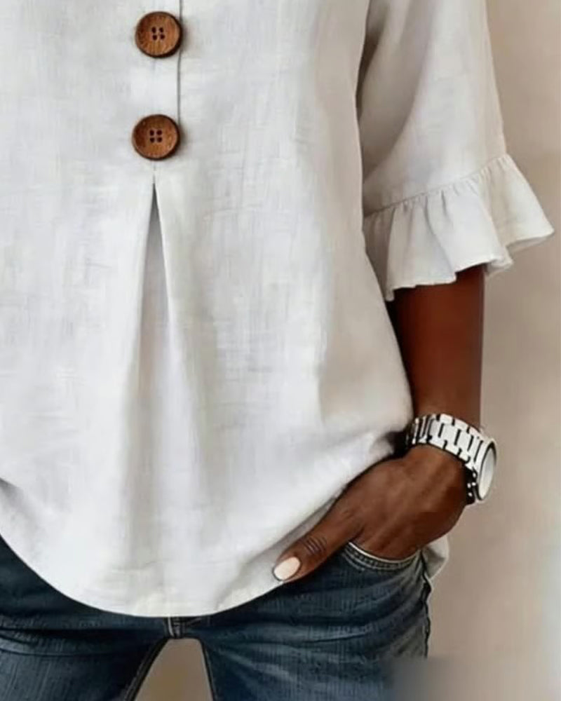Sophia - Blusa de algodón y lino liso con botones de madera y volantes.