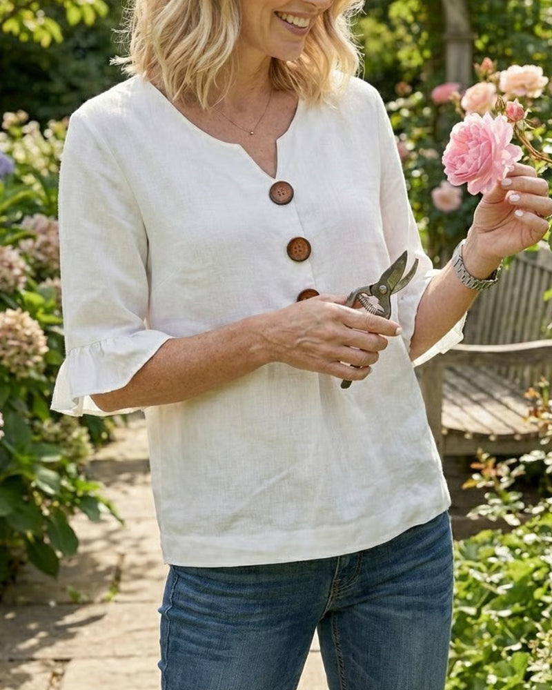 Sophia - Blusa de algodón y lino liso con botones de madera y volantes.