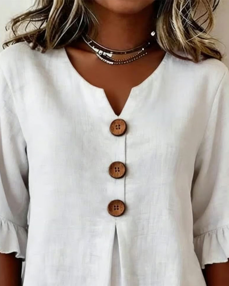 Sophia - Blusa de algodón y lino liso con botones de madera y volantes.