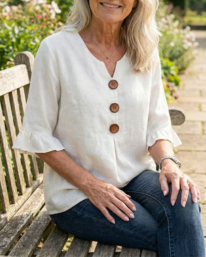 Sophia - Blusa de algodón y lino liso con botones de madera y volantes.