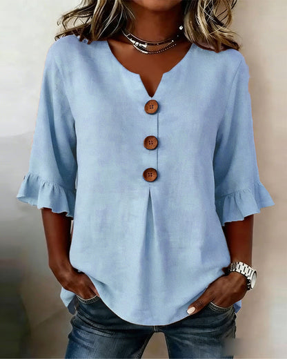 Sophia - Blusa de algodón y lino liso con botones de madera y volantes.