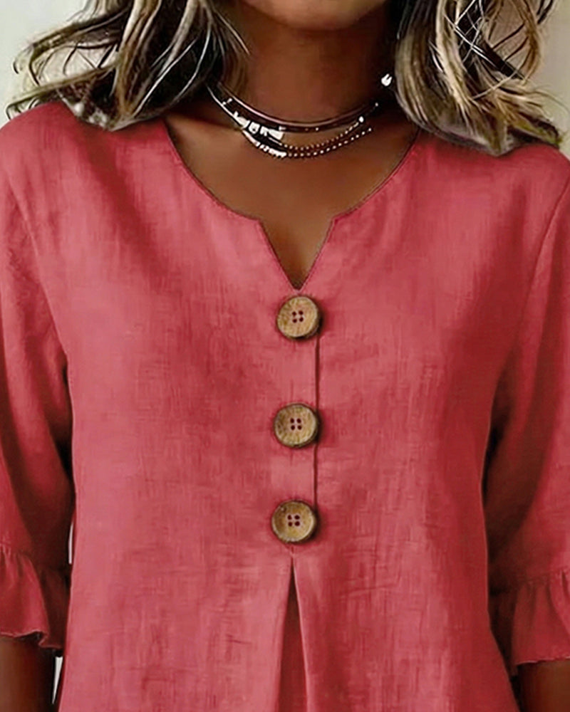 Sophia - Blusa de algodón y lino liso con botones de madera y volantes.