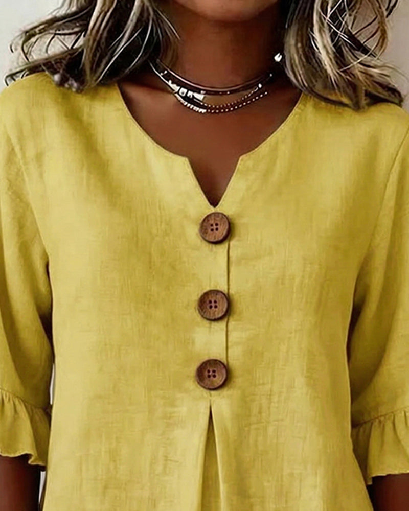 Sophia - Blusa de algodón y lino liso con botones de madera y volantes.