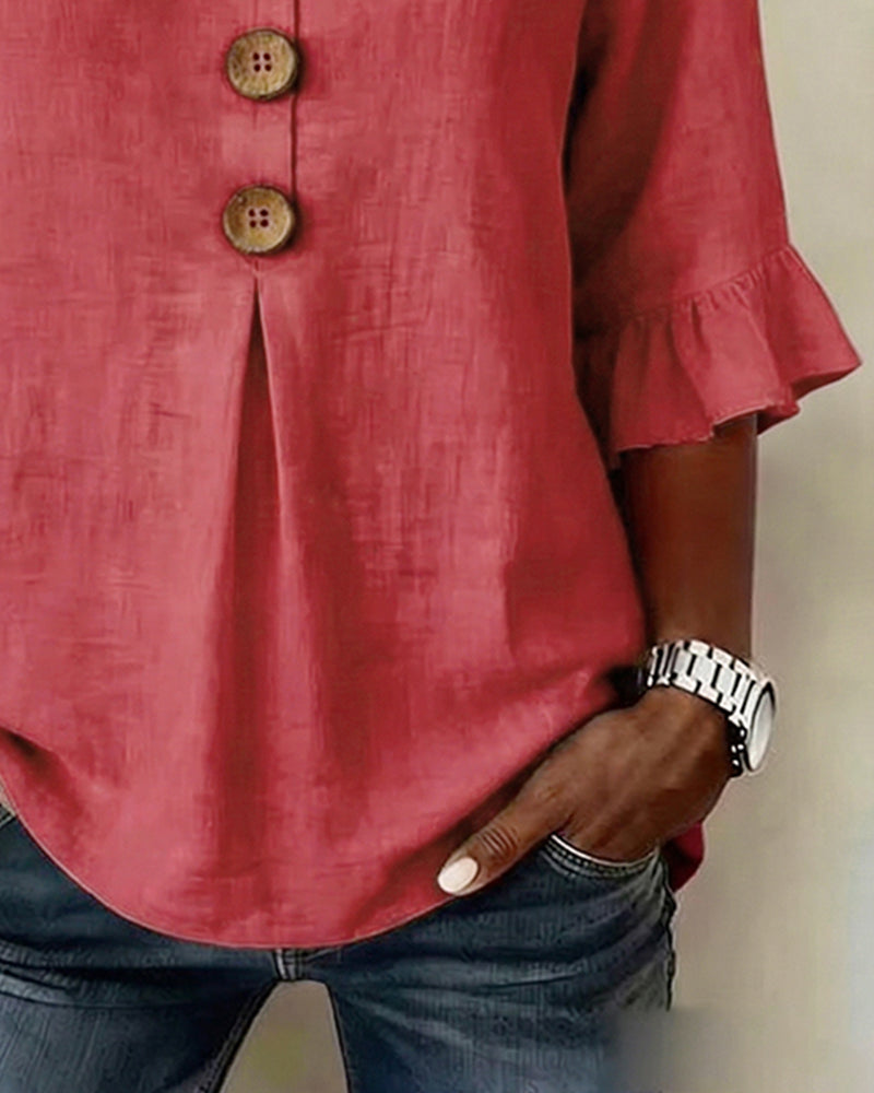 Sophia - Blusa de algodón y lino liso con botones de madera y volantes.