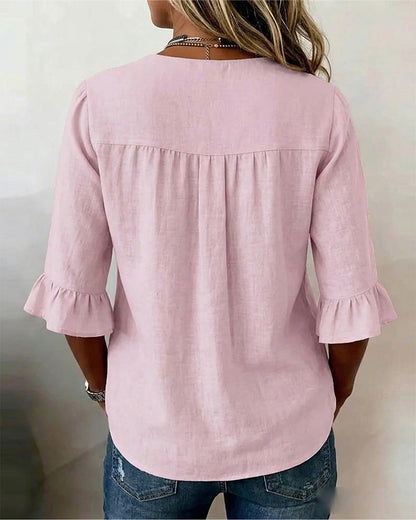 Sophia - Blusa de algodón y lino liso con botones de madera y volantes.