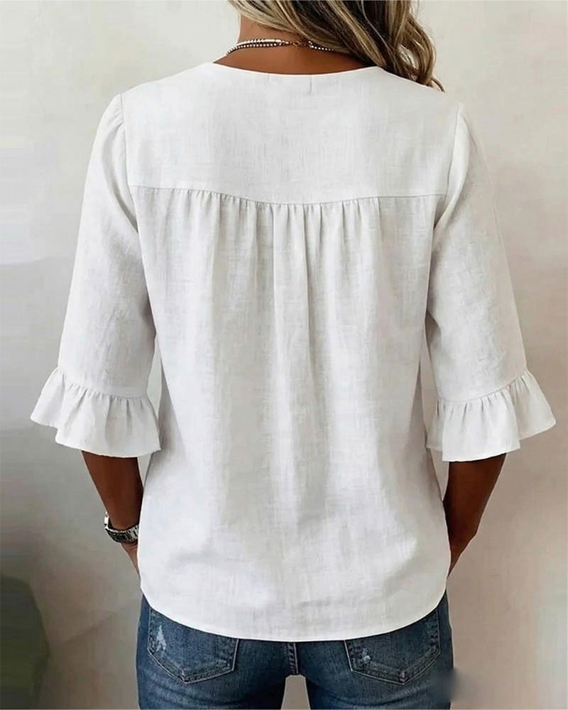 Sophia - Blusa de algodón y lino liso con botones de madera y volantes.