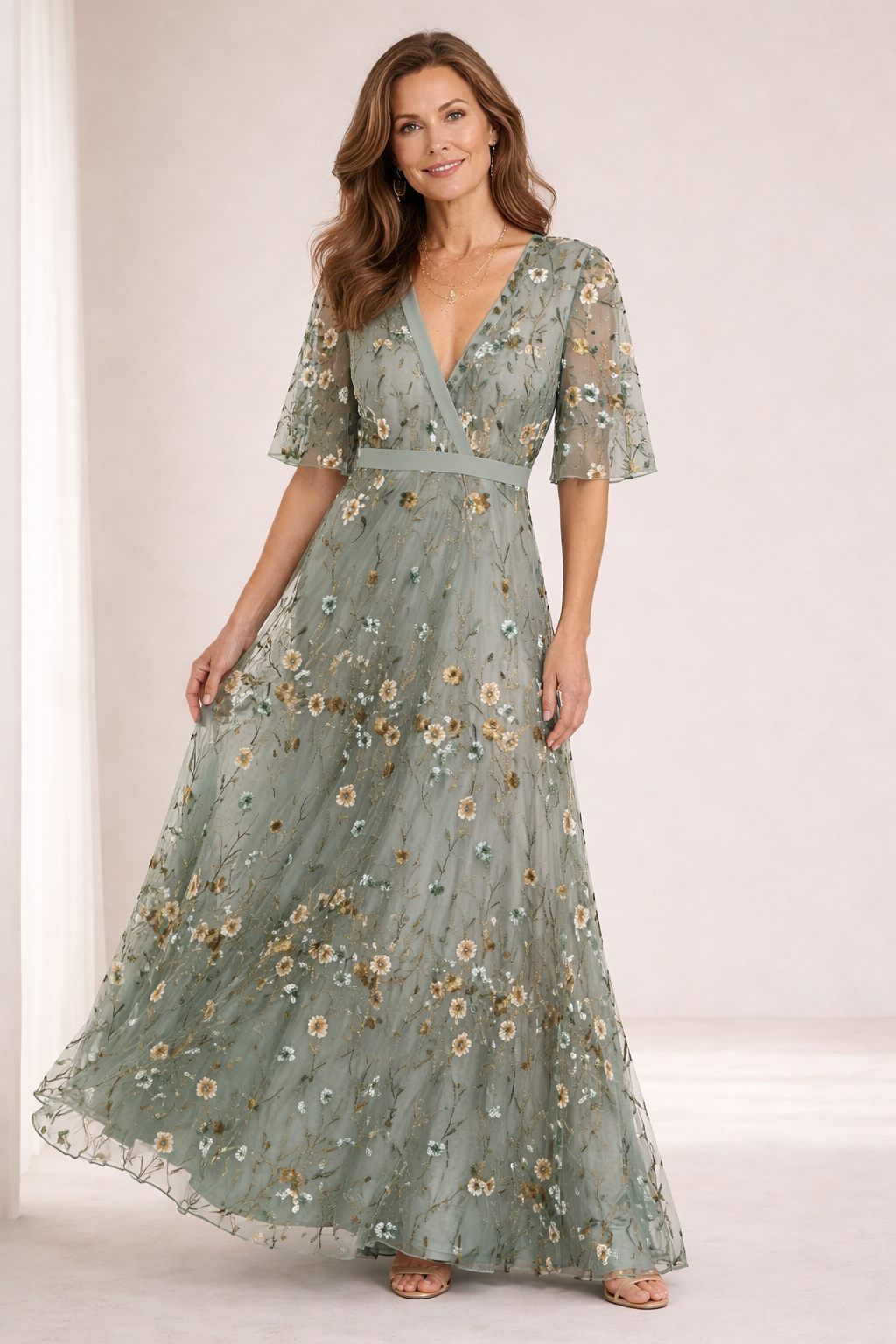 Edurne | Vestido largo de manga corta con escote en V y estampado floral