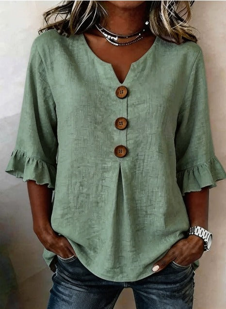 Sophia - Blusa de algodón y lino liso con botones de madera y volantes.