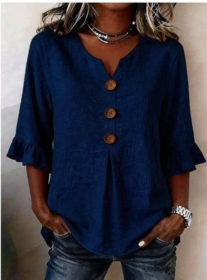 Sophia - Blusa de algodón y lino liso con botones de madera y volantes.