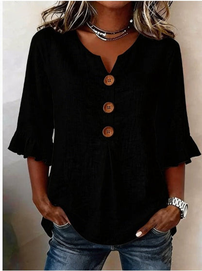 Sophia - Blusa de algodón y lino liso con botones de madera y volantes.