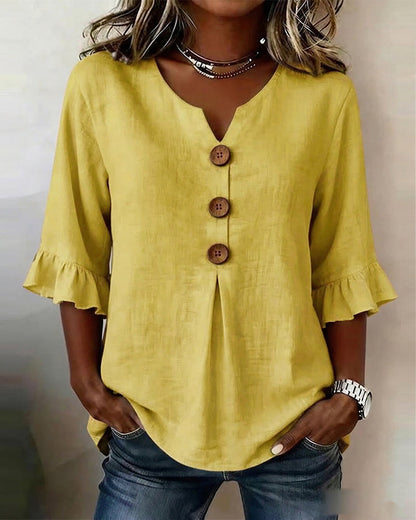 Sophia - Blusa de algodón y lino liso con botones de madera y volantes.
