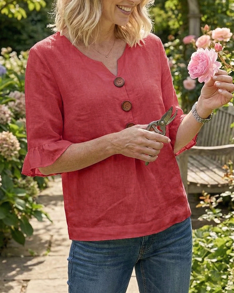 Sophia - Blusa de algodón y lino liso con botones de madera y volantes.