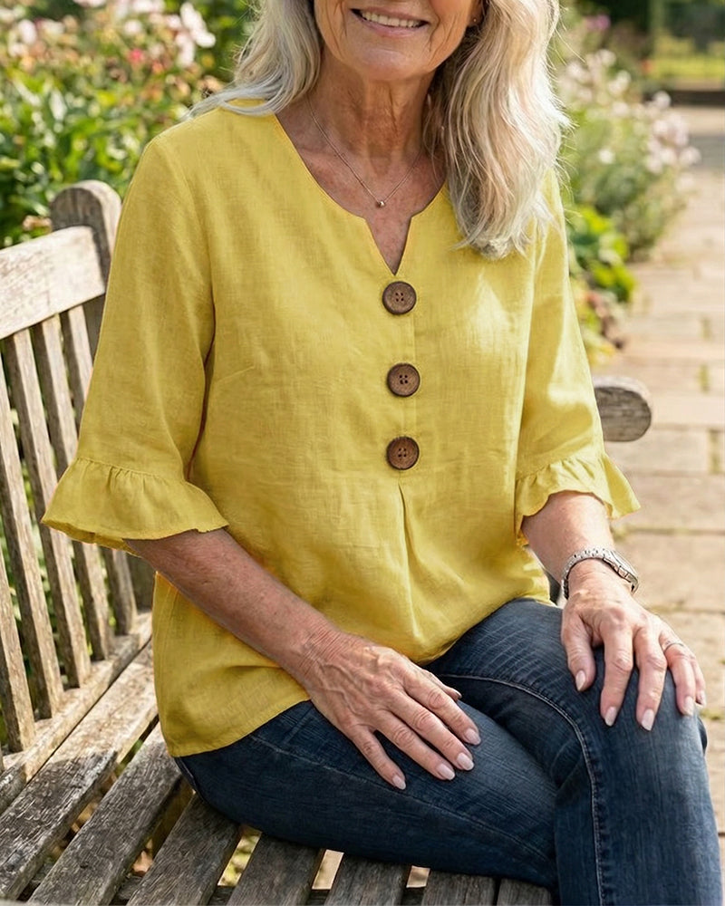 Sophia - Blusa de algodón y lino liso con botones de madera y volantes.