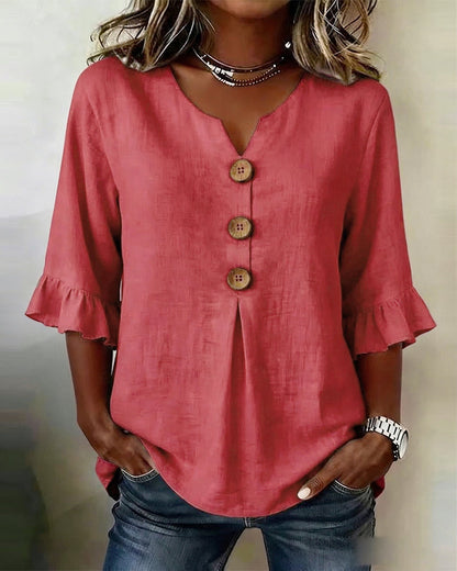 Sophia - Blusa de algodón y lino liso con botones de madera y volantes.