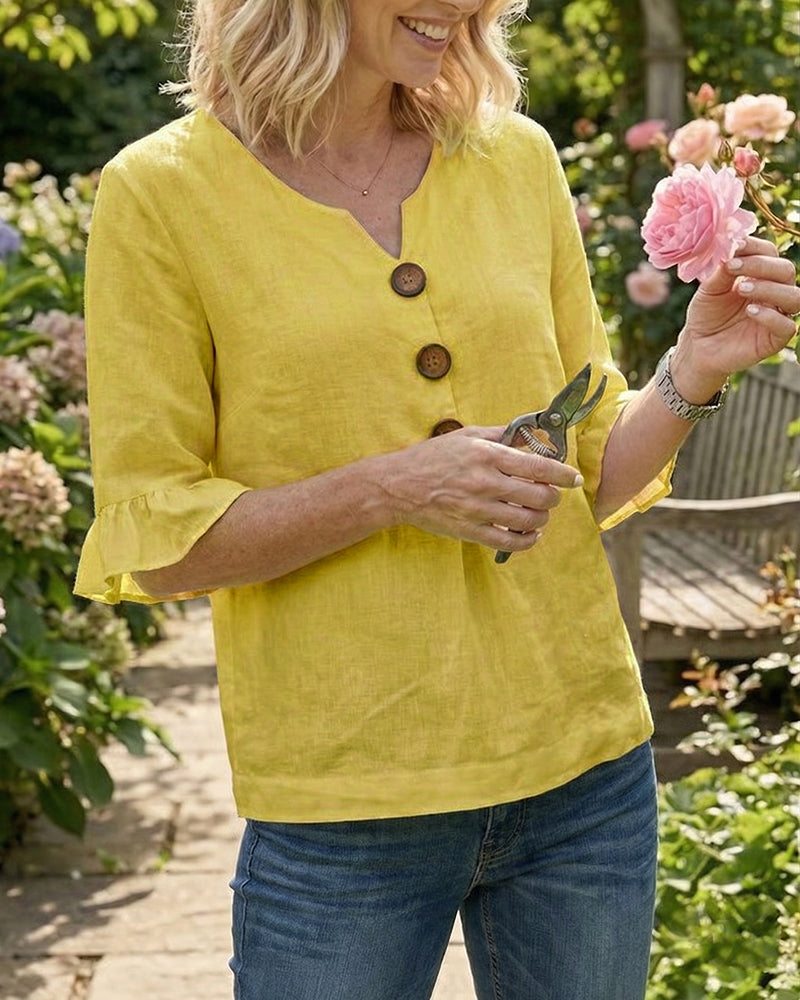 Sophia - Blusa de algodón y lino liso con botones de madera y volantes.