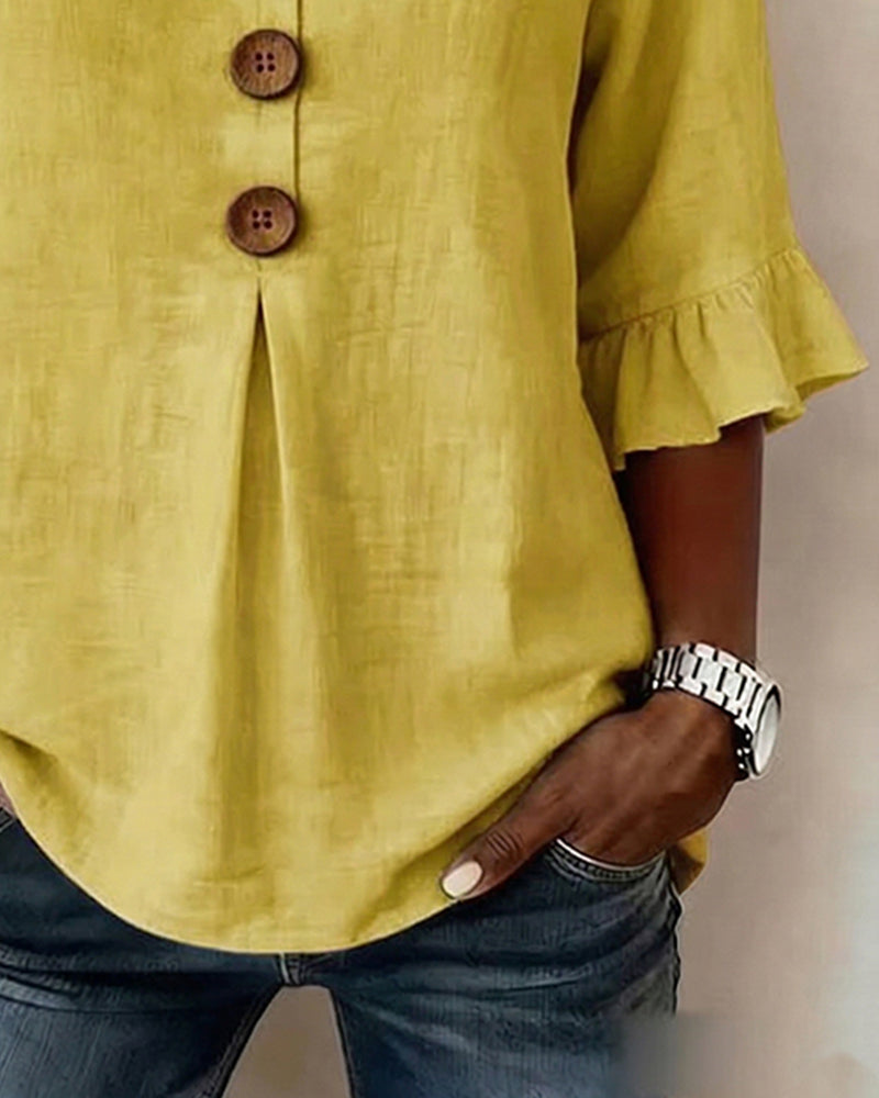 Sophia - Blusa de algodón y lino liso con botones de madera y volantes.