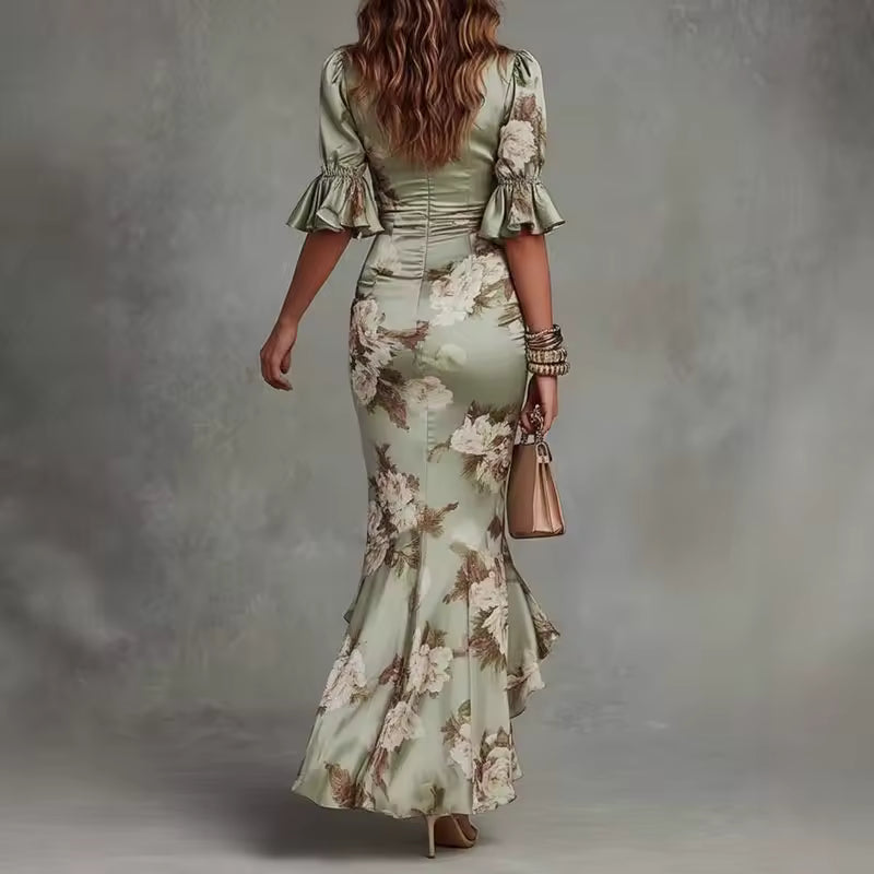 Anastasia | Vestido largo de satén con estampado floral