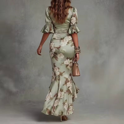Anastasia | Vestido largo de satén con estampado floral