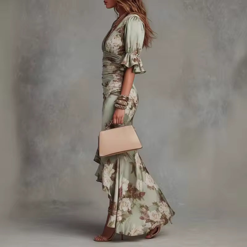 Anastasia | Vestido largo de satén con estampado floral