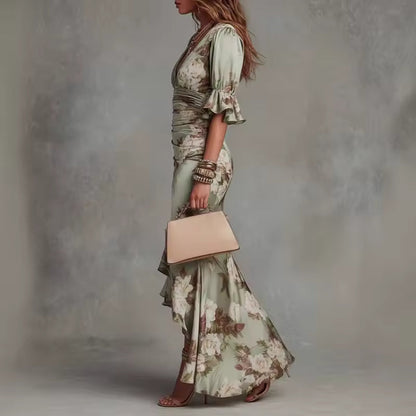 Anastasia | Vestido largo de satén con estampado floral