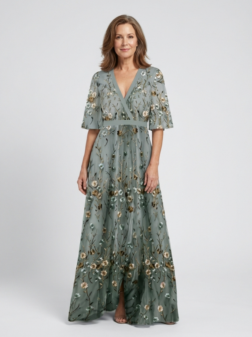 Edurne | Vestido largo de manga corta con escote en V y estampado floral