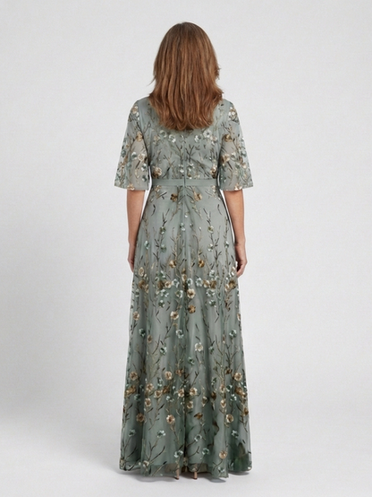 Edurne | Vestido largo de manga corta con escote en V y estampado floral