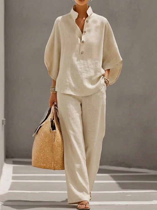 Mariel | Conjunto de pantalón ancho de manga murciélago y lino de algodón
