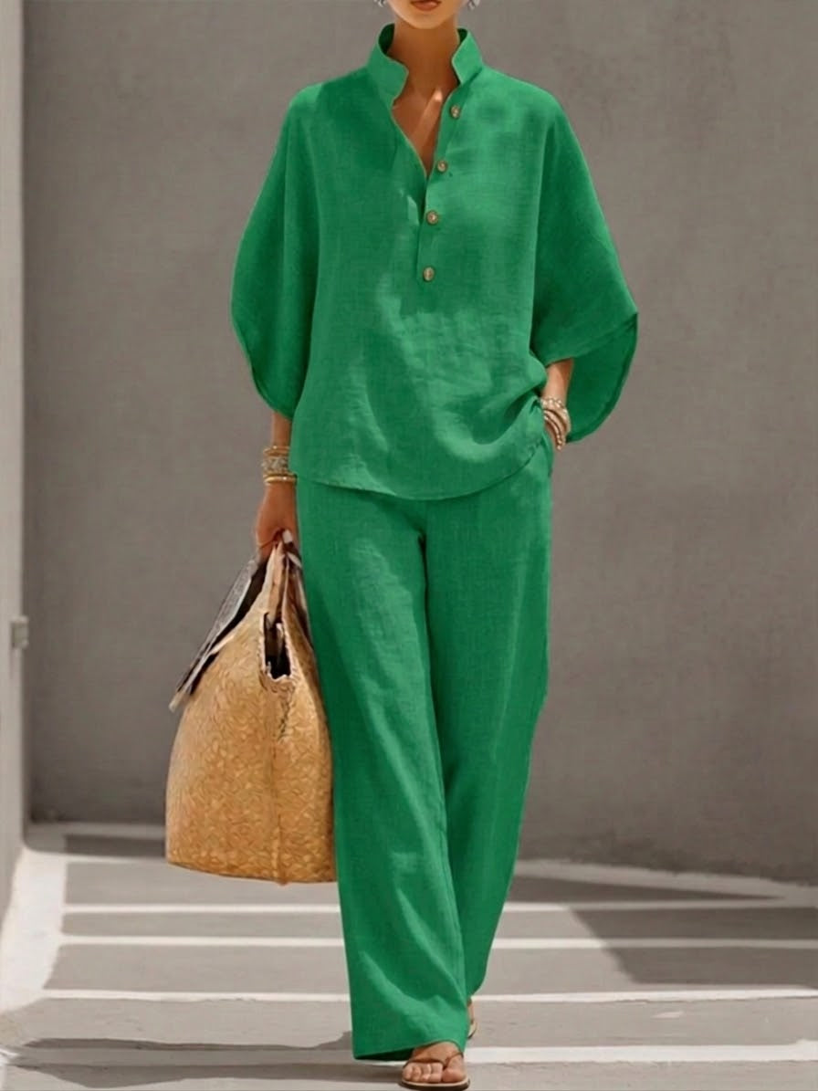 Mariel | Conjunto de pantalón ancho de manga murciélago y lino de algodón