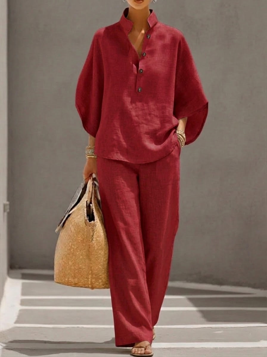 Mariel | Conjunto de pantalón ancho de manga murciélago y lino de algodón