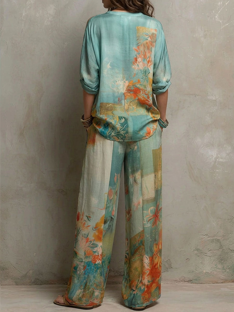 Clara | Elegante conjunto estampado floral con pantalón de pierna ancha