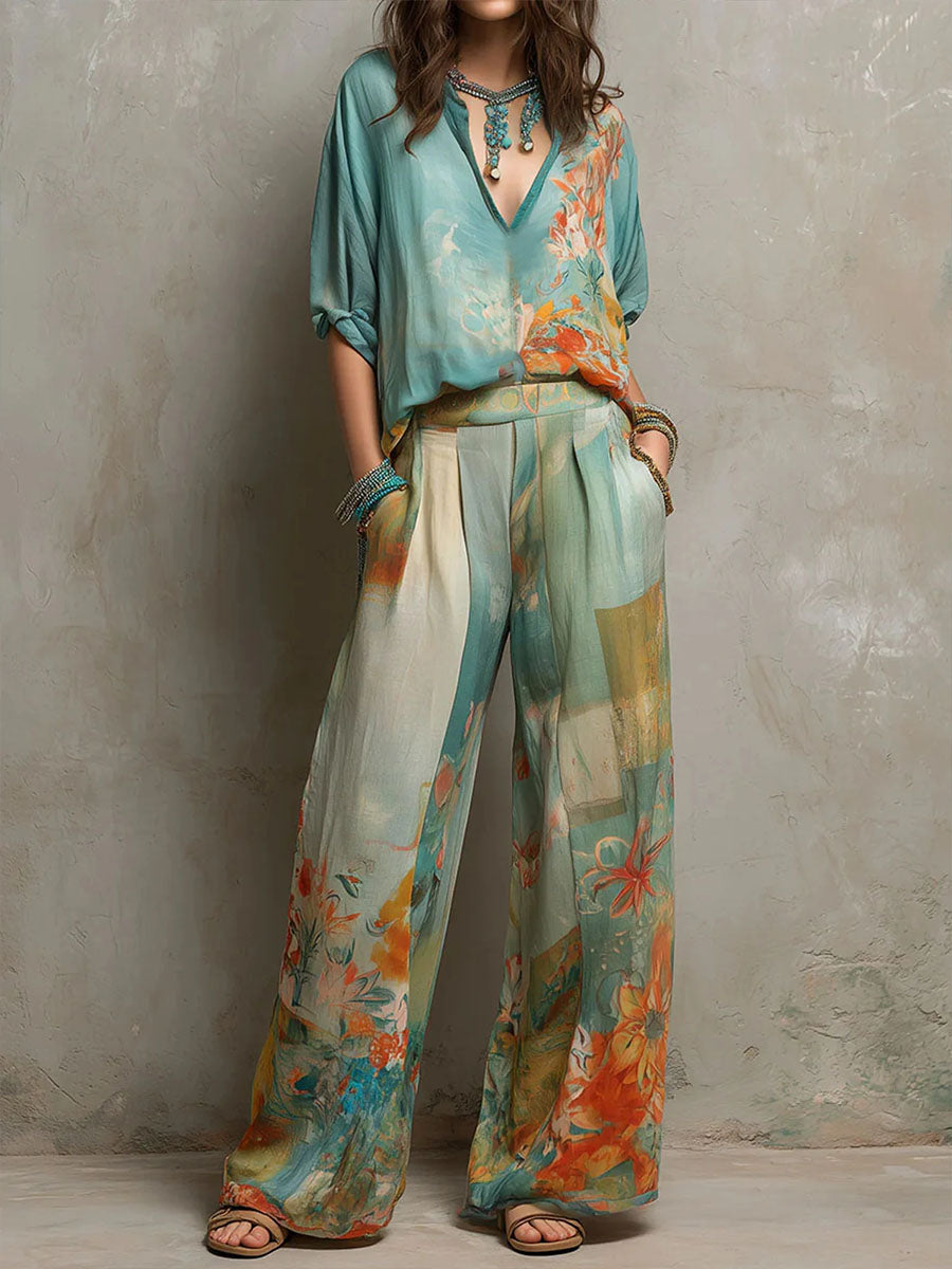 Clara | Elegante conjunto estampado floral con pantalón de pierna ancha