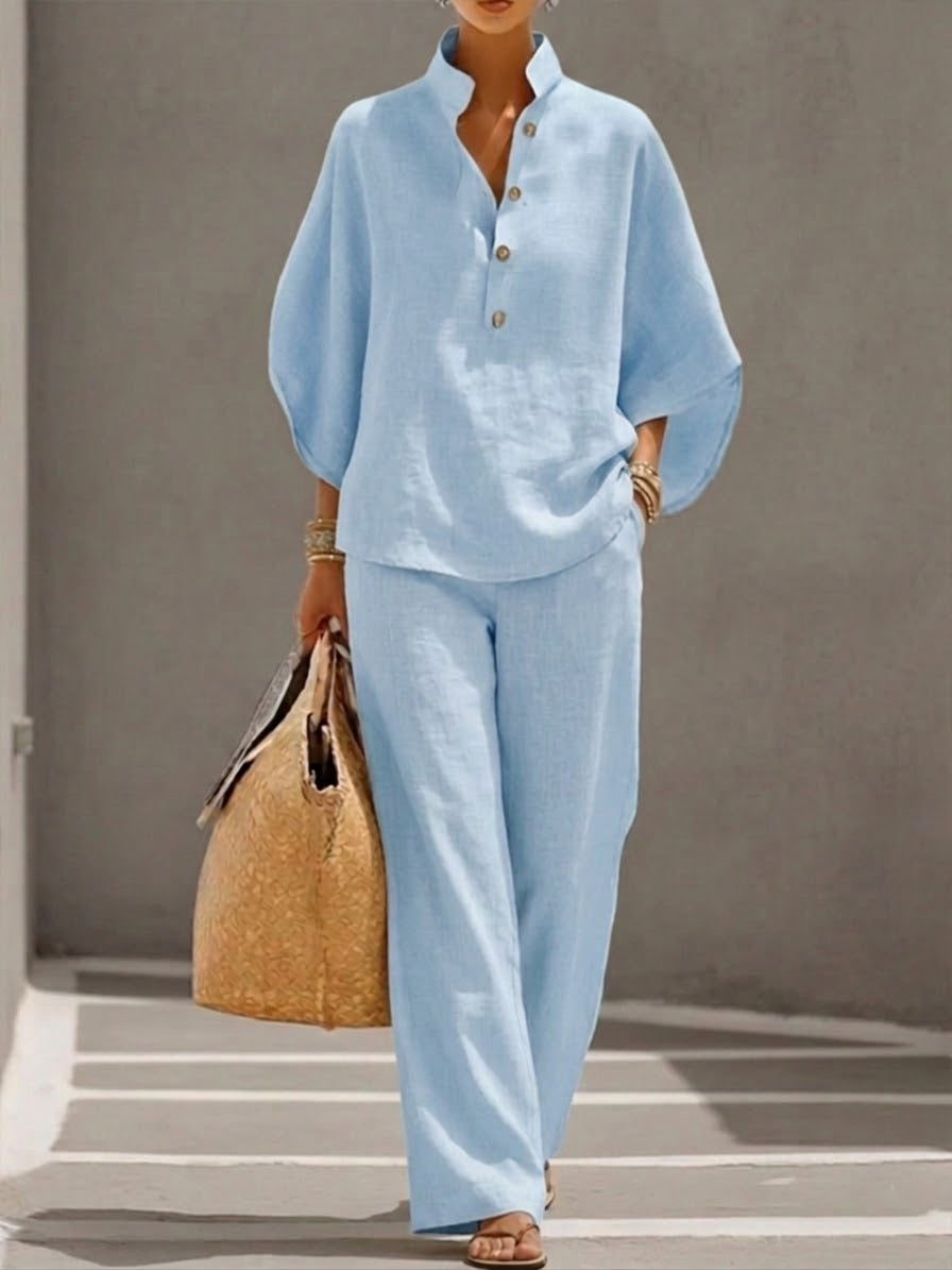 Mariel | Conjunto de pantalón ancho de manga murciélago y lino de algodón