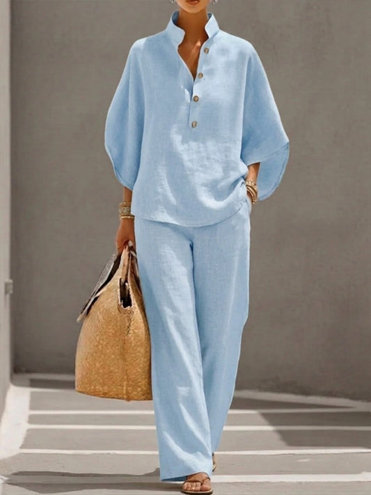 Mariel | Conjunto de pantalón ancho de manga murciélago y lino de algodón