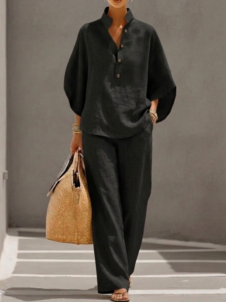 Mariel | Conjunto de pantalón ancho de manga murciélago y lino de algodón