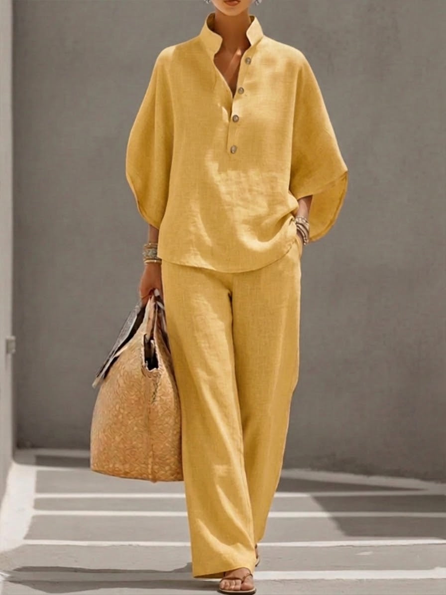 Mariel | Conjunto de pantalón ancho de manga murciélago y lino de algodón